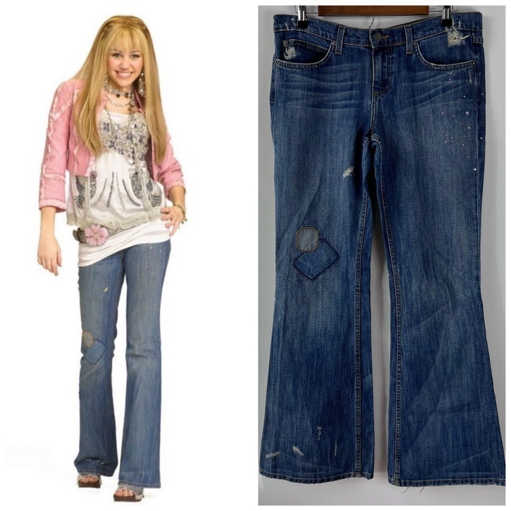 ASO Hannah Montana Miley Cyrus Vintage Low Rise Distressed Bootcut Jeans Y2K